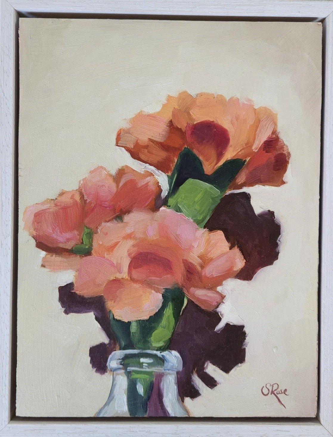 A painting of a bouquet of peach and pink flowers in a glass vase on a light-colored background.