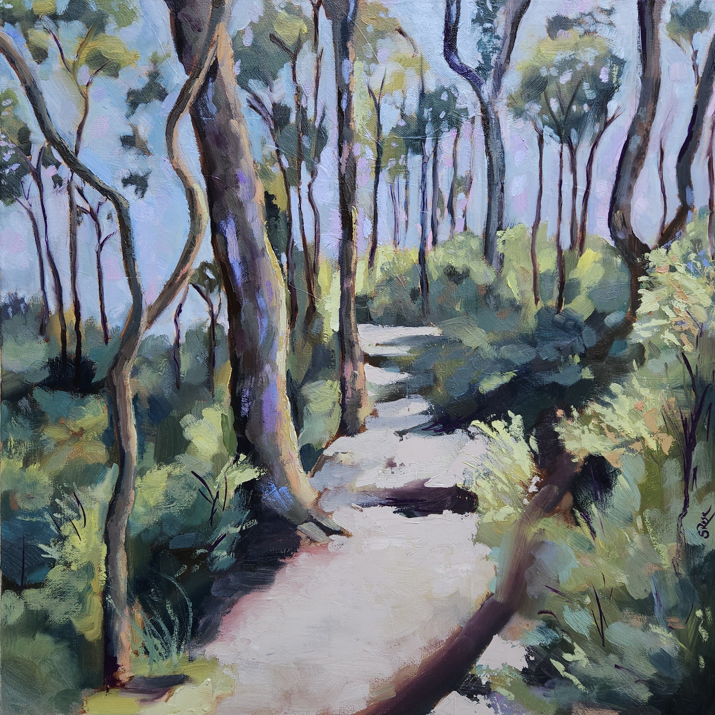 An impressionistic painting of a forest scene with a dirt path lined by tall, twisted trees and dense green foliage, with glimpses of blue sky overhead.