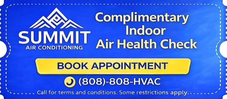 Blue flyer advertising a complimentary indoor air health check from Summit Air Conditioning, with a yellow button labeled 'Book Appointment' and a phone number (808)-808-HVAC.