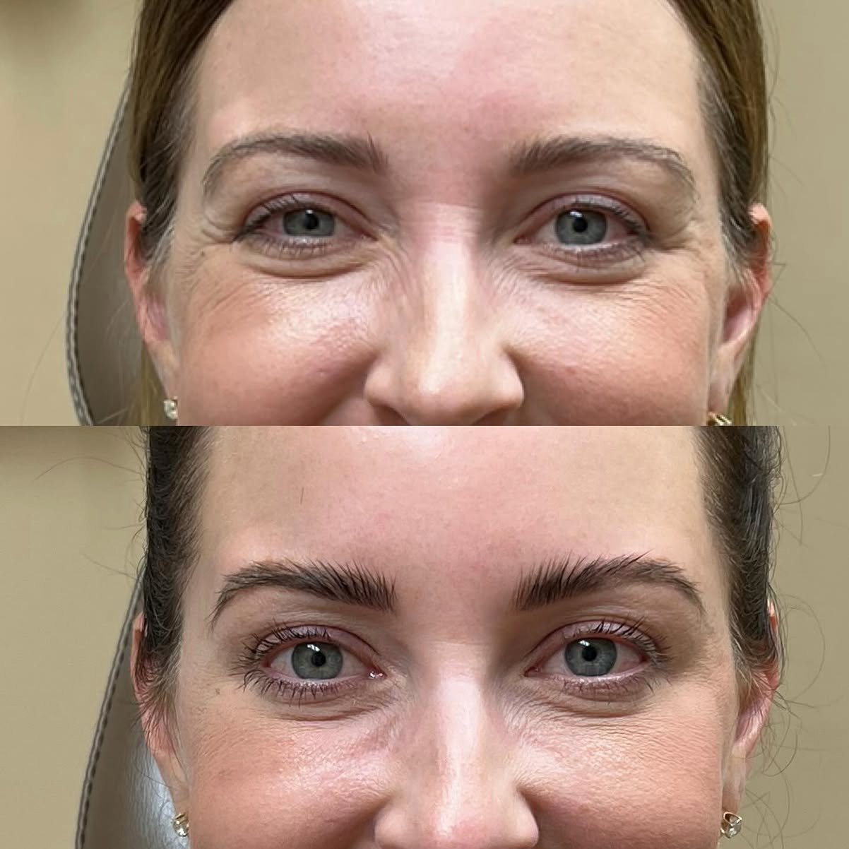 Close-up of a woman's face showing a before and after comparison of her eyebrows, with the 'after' image displaying fuller, more defined eyebrows.