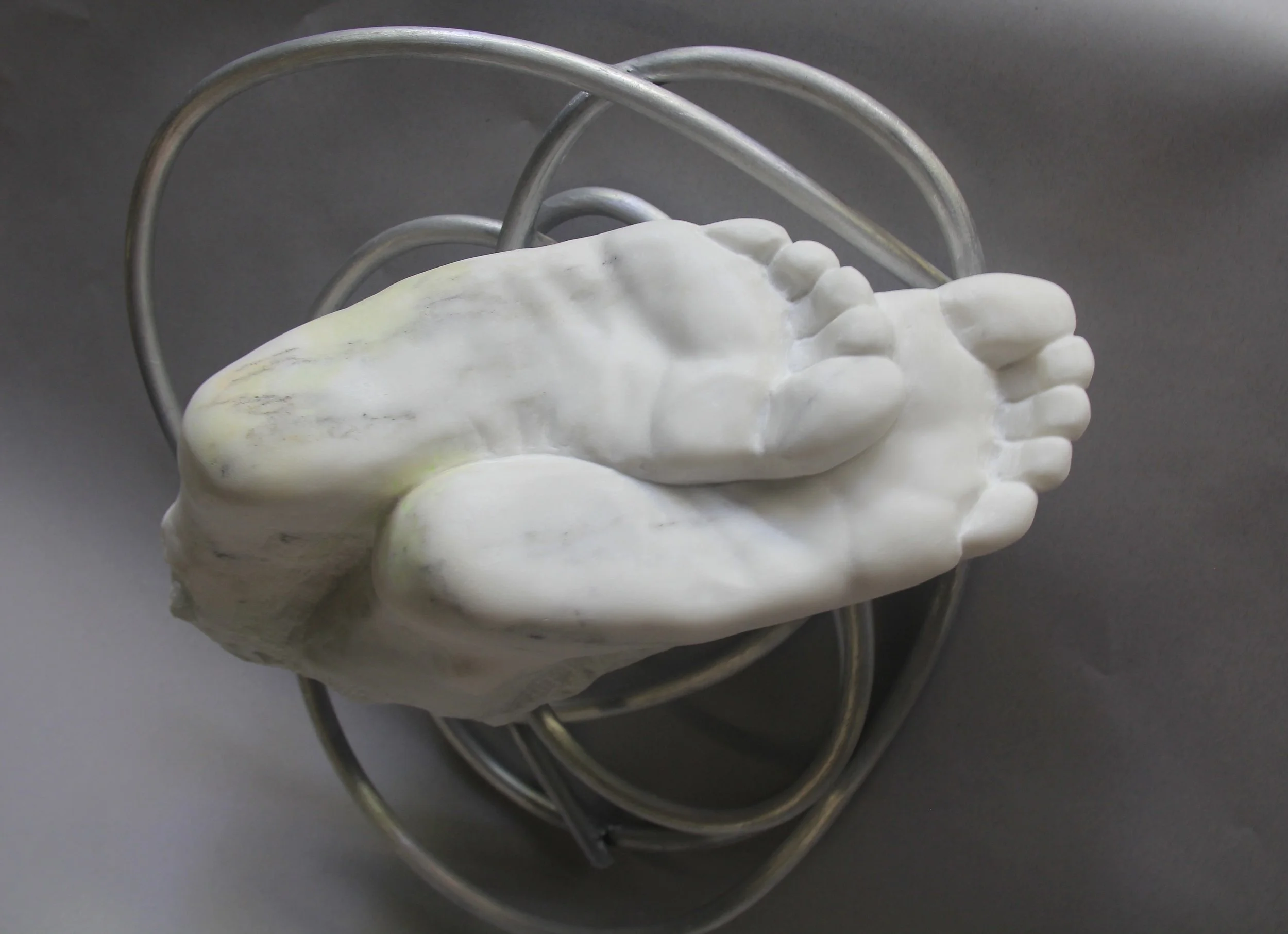 To Transcend, 2019, Carrara marble, aluminum, ink enamel paint, 8 ½ x 16 x 15 in