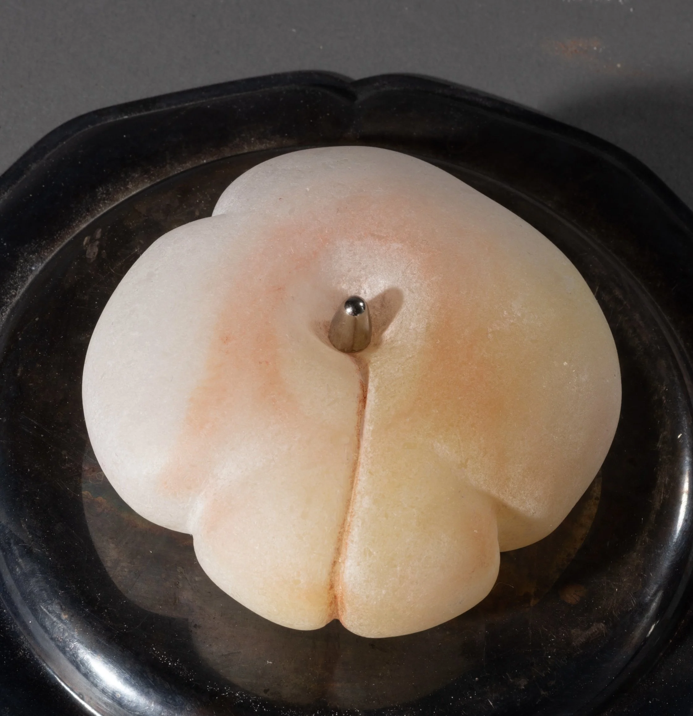 Tidbit No. 4 (Succulent) (detail), 2023, alabaster, silver dish, ink, metal stud, 5 ½ x 7 ½ x 7 ½ in (Photography: Richard R Vallon, Jr)