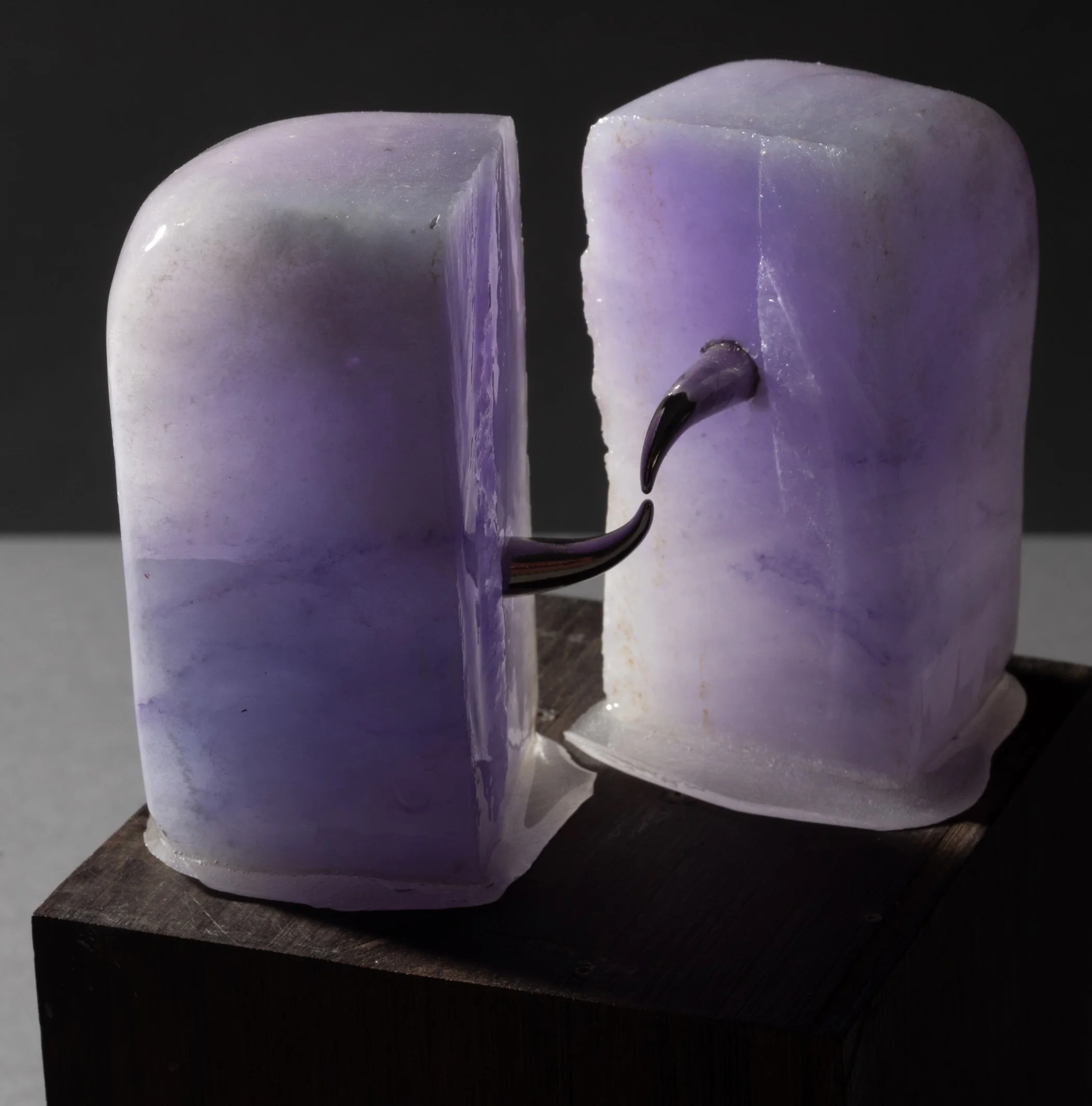 Tidbit No. 3 (Exchange) (detail), 2023, Alabaster, ink, metal spikes, Cocobolo wood, epoxy resin, 6 ½ x 3 ½ x 3 ½ in (Photography: Richard R Vallon Jr)