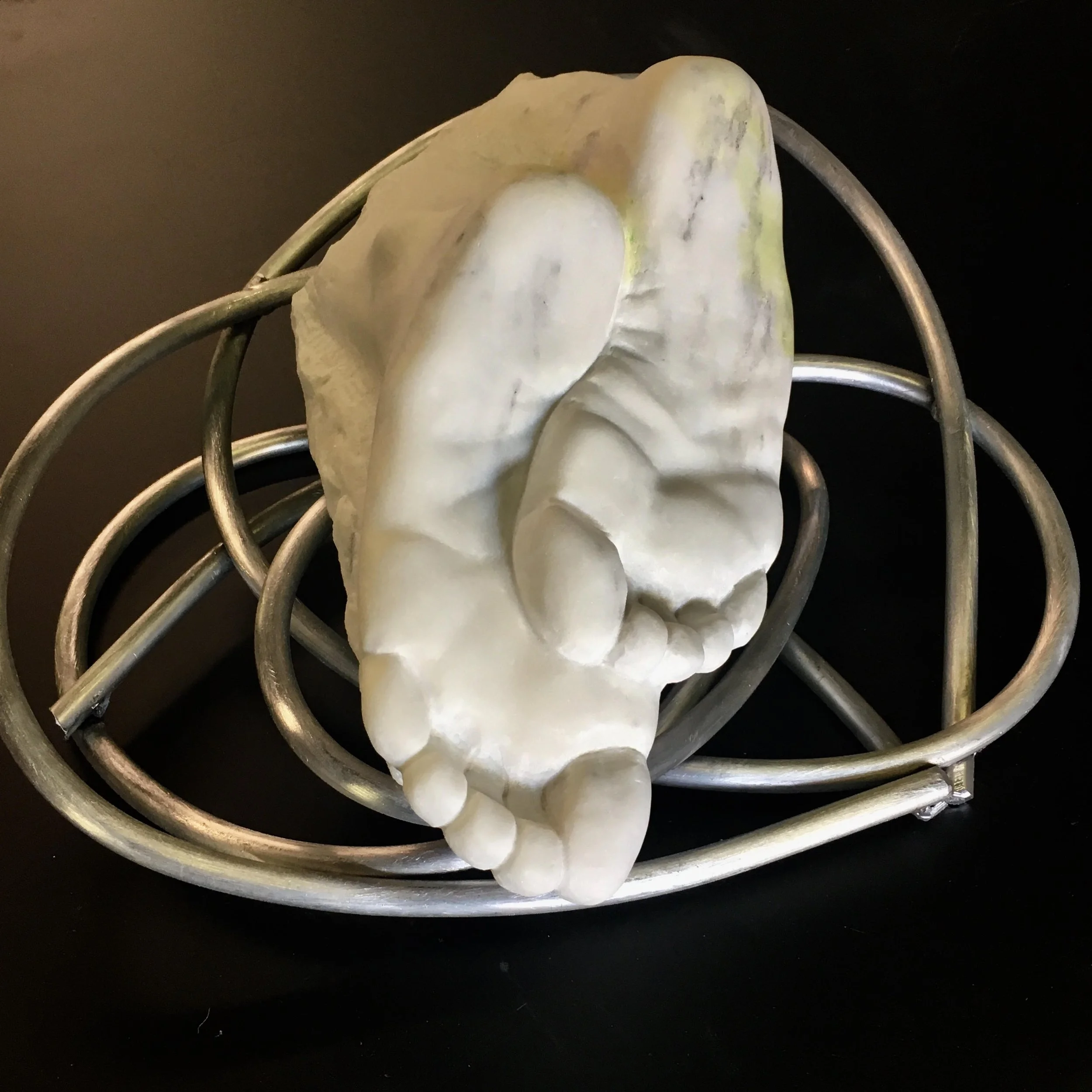 To Transcend (detail), 2019, Carrara marble, aluminum, ink enamel paint, 8 ½ x 16 x 15 in