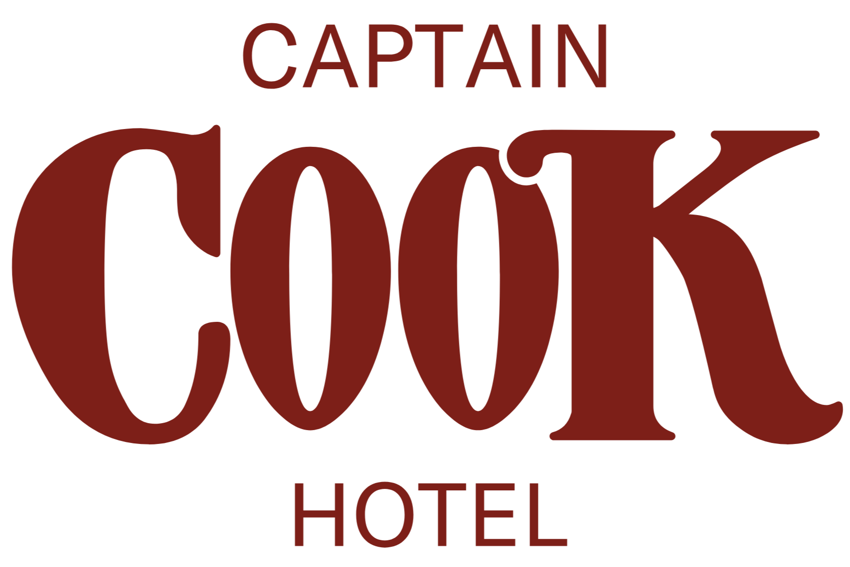 Logo for Captain Cook Hotel with the words 'CAPTAIN', 'COOK', and 'HOTEL' in a stylized font, with 'COOK' being the most prominent.