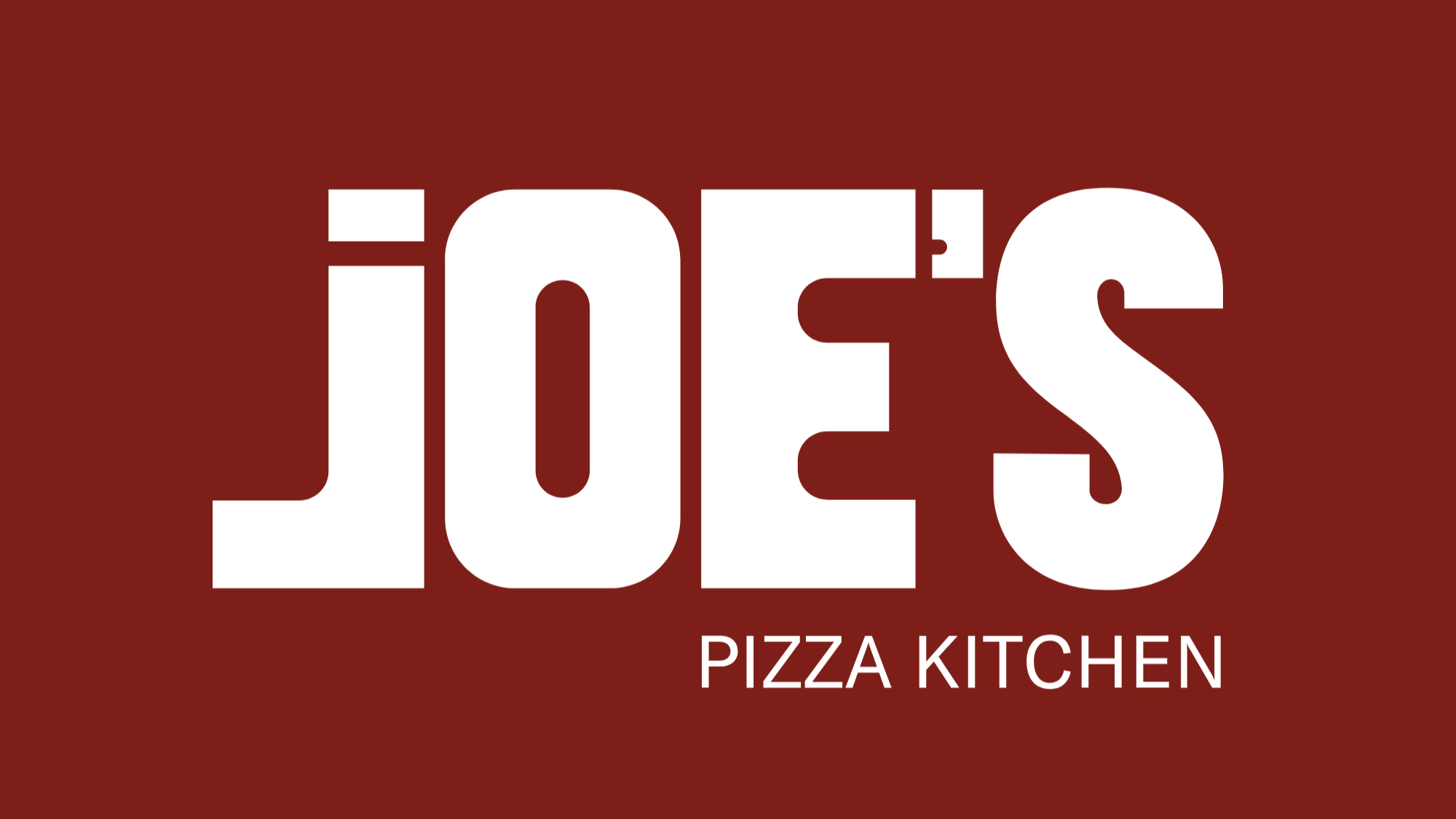 Logo for Joe's Pizza Kitchen with large white text on a red background.