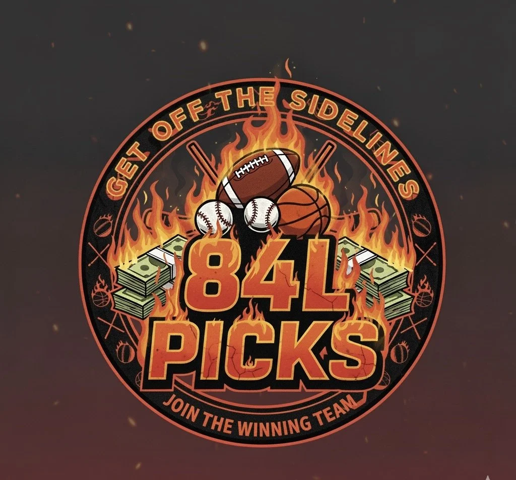 A circular logo with flames, featuring footballs, basketballs, baseballs, and money stacks, with the text 'Get Off The Sidelines' at the top, '84L PICKS' in the center, and 'Join the Winning Team' at the bottom.