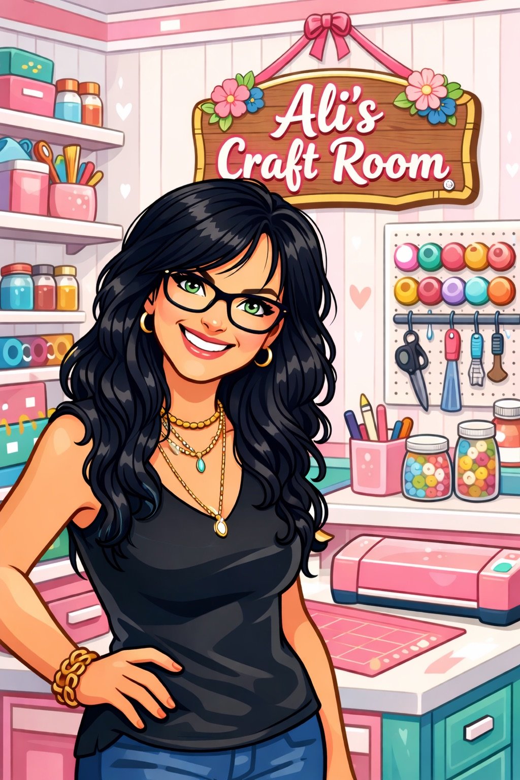 An illustrated woman with long black hair, glasses, and jewelry standing in her craft room with shelves of supplies and a sign that reads "Ali's Craft Room."