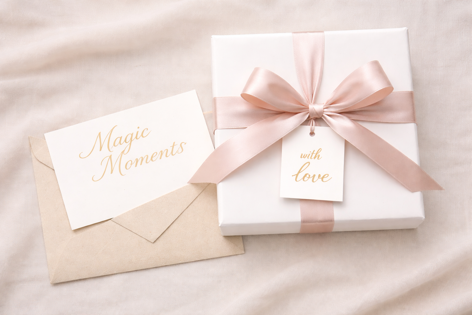 A white gift box wrapped with a pink satin ribbon and bow, placed on a light beige satin fabric background. Next to it, a white card with gold lettering reading 'Magic Moments' is inside a beige envelope. The gift tag on the box says 'with love' in gold cursive.