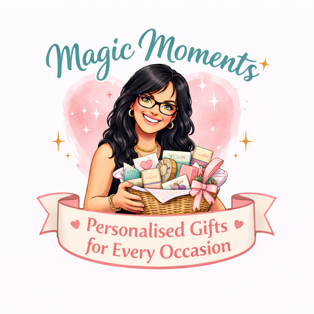 Digital illustration of a smiling woman with black hair and glasses holding a basket of personalized gifts. The background features a pink heart with sparkles, and the text reads "Magic Moments" at the top and "Personalized Gifts for Every Occasion" on a banner below.