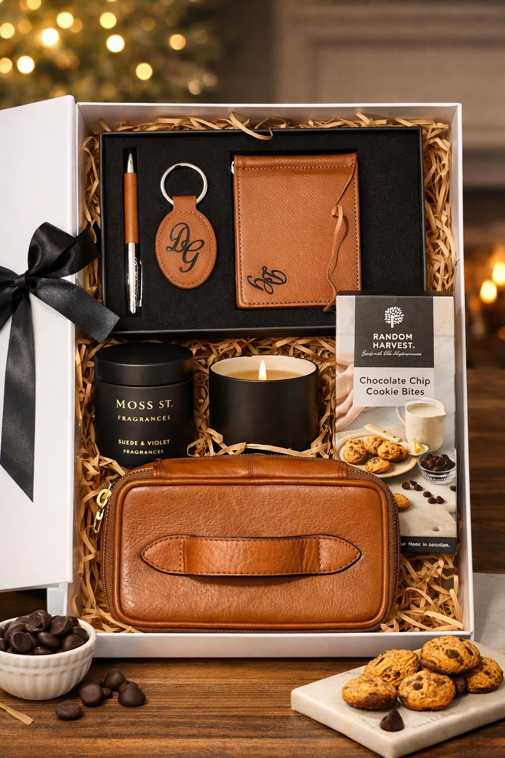 A gift box with leather accessories, a candle, a small bag, a pen, a keychain, a box of chocolate chip cookies, and a bowl of chocolates on a wooden table.