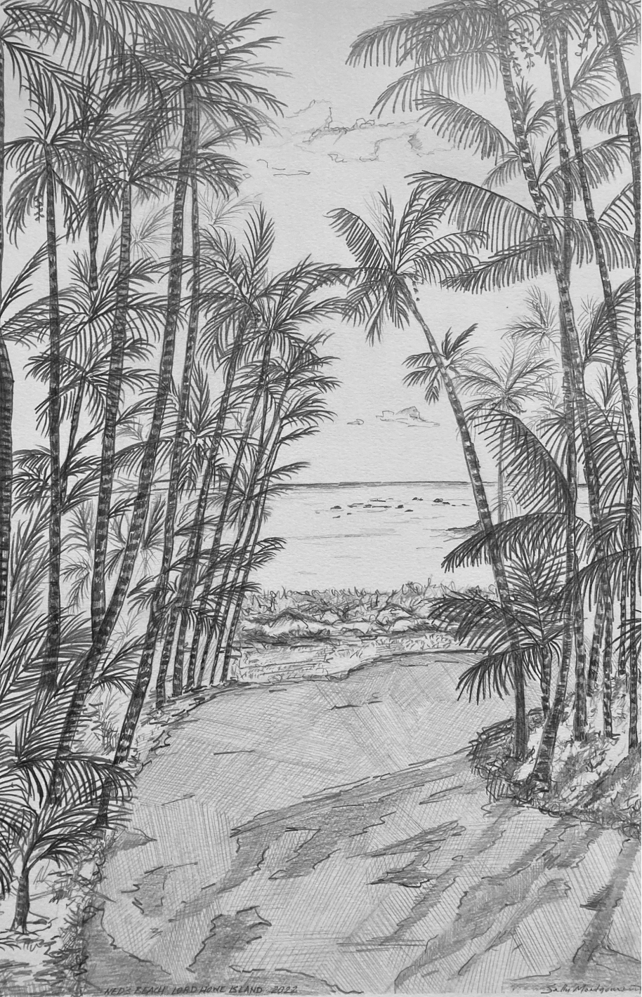 A detailed black and white sketch of a tropical beach scene with tall palm trees framing the sandy path leading to the ocean, with a few clouds in the sky.