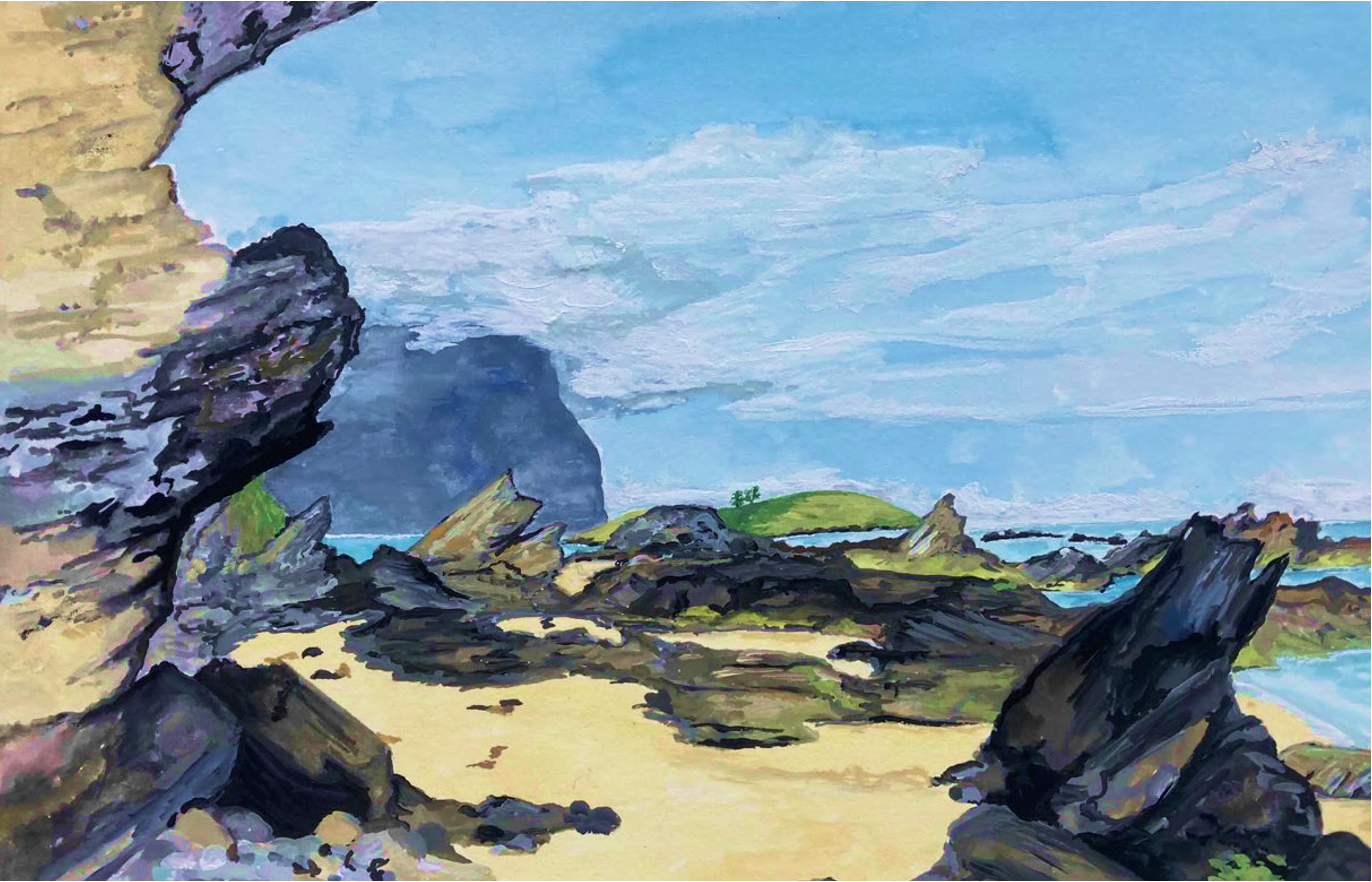A watercolour painting of Lord Howe Island lagoon, featuring a beach with large rock formations, blue sky with clouds, and distant mountains. 