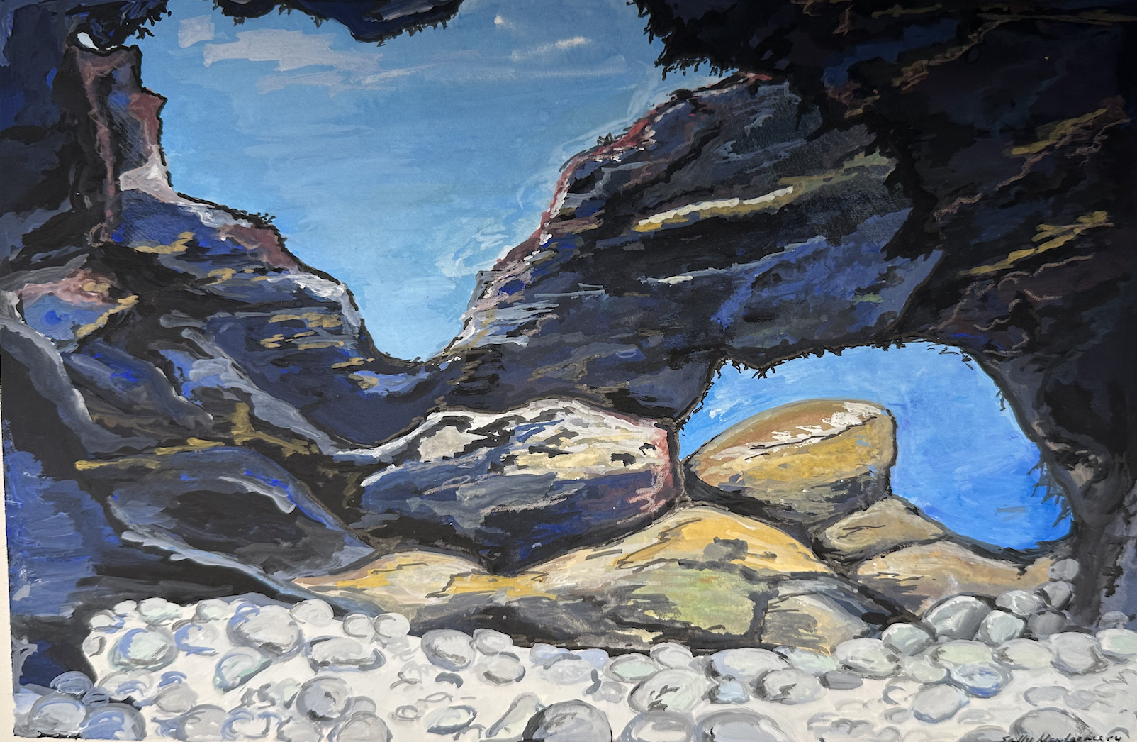 A watercolour painting of an underwater cave with an arch, and scattered white stones at the bottom.