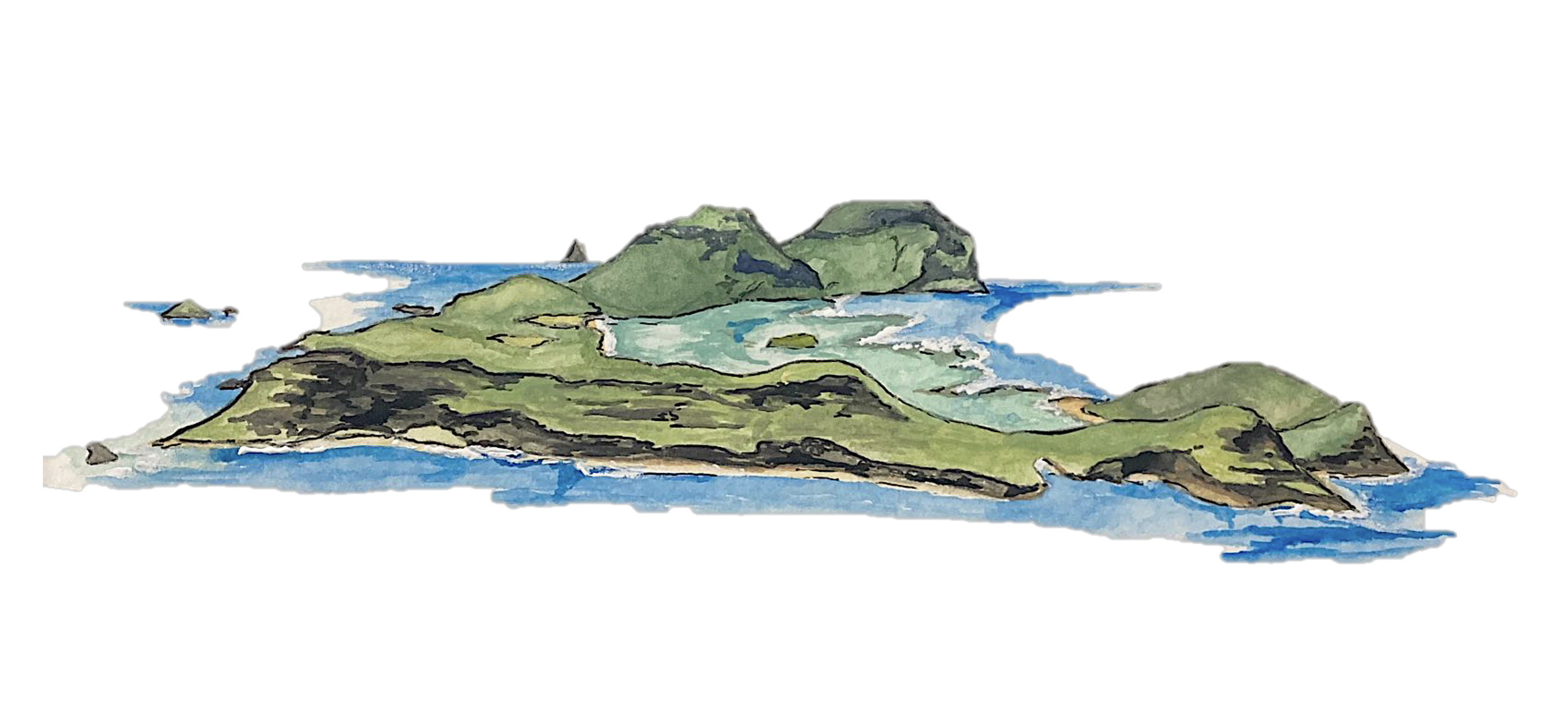 An artistic watercolor painting of a coastal landscape, Lord Howe Island, featuring a mountainous island with green terrain, surrounded by blue ocean waters, with smaller rocks and islands nearby.