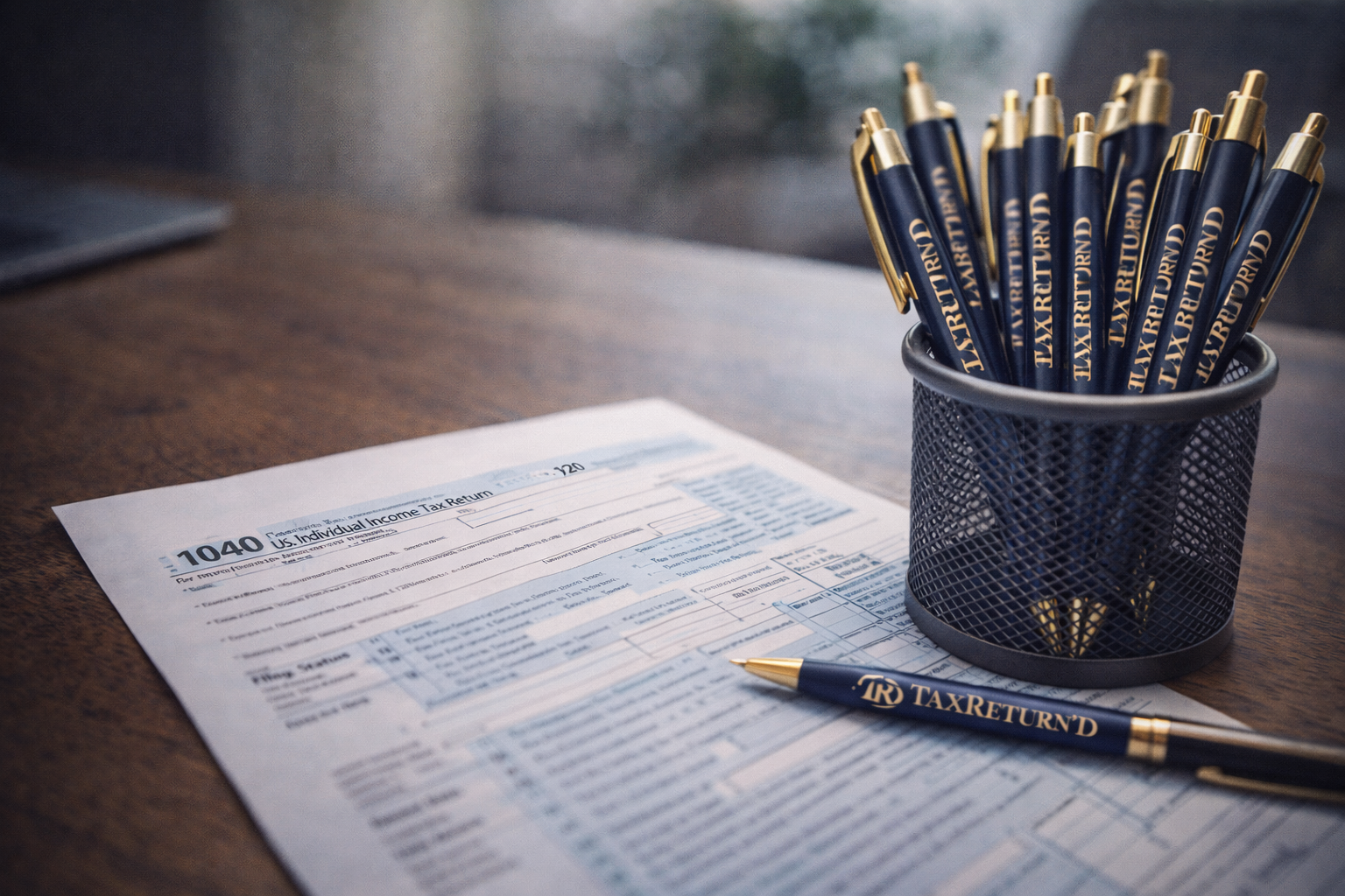 A blank U.S. individual income tax return form (1040) on a wooden desk with a navy blue and gold pen reading 'TAX RETURN'D' and a black pen holder filled with additional navy blue and gold pens.