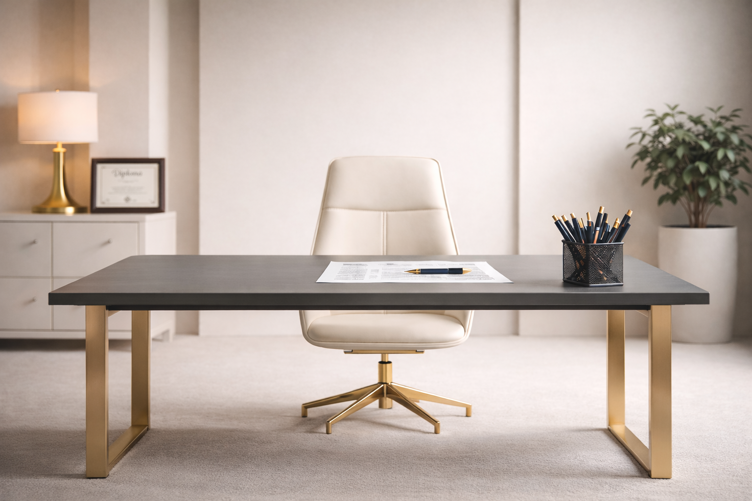 A modern office desk with a white chair, a pen and paper, a black pen holder with navy blue and gold pens, and a background with a white cabinet, a framed certificate, a table lamp, a potted plant, and neutral-colored walls.