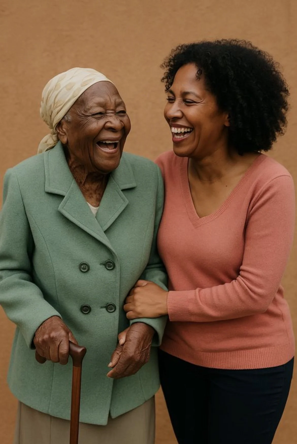 An elderly woman and a middle-aged woman smile and laugh together. The elder wears a light green coat and headscarf, holding a cane, while the other woman embraces her warmly.