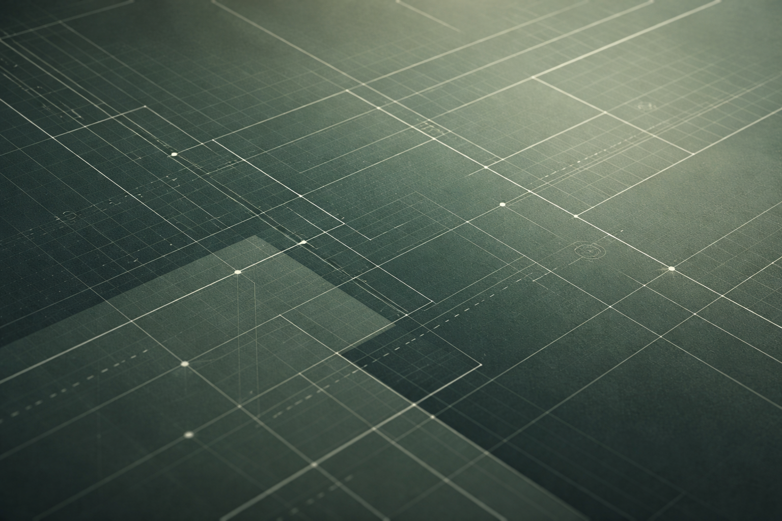 Blueprint or technical drawing with white lines and measurements on dark green paper.