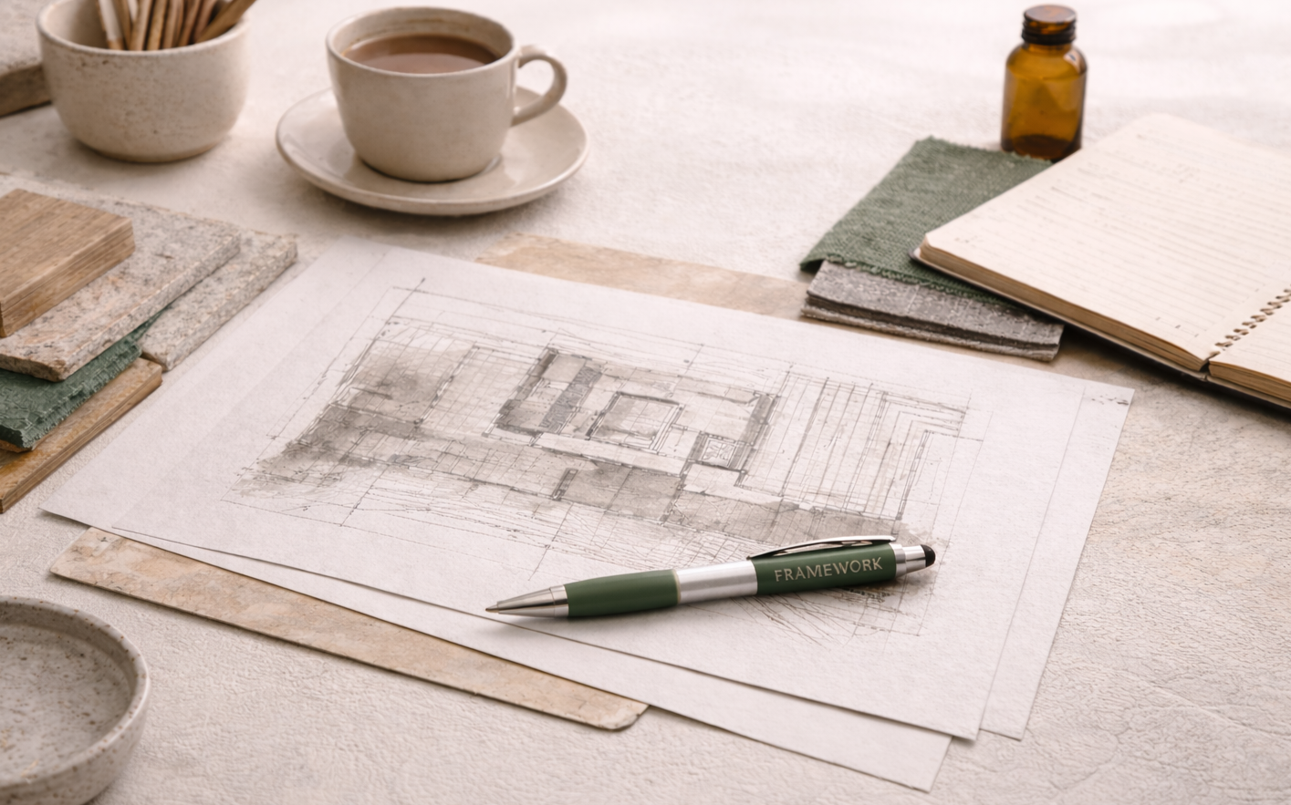 Architectural sketches, stone samples, a pen labeled 'Framework,' a coffee cup, a notebook, and a small brown bottle on a textured desk.