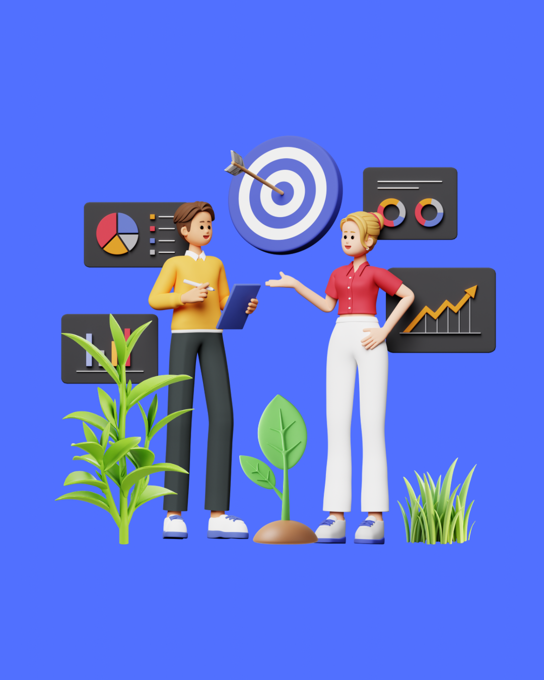 Two cartoon characters, a man and a woman, standing outdoors with plants around them, discussing growth and goals. The man holds a tablet and pen, and the woman gestures towards a target with an arrow. Behind them are graphical charts and graphs related to data and analytics.