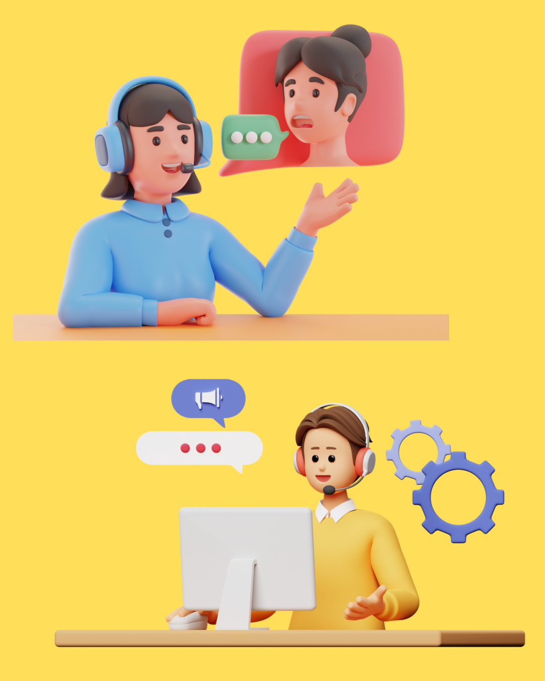 Two animated characters engaged in a conversation: one is a woman with a headset and microphone, talking with a chatbot or virtual assistant on a yellow background, and the other is a man with a headset, sitting at a computer, indicating customer support or communication.