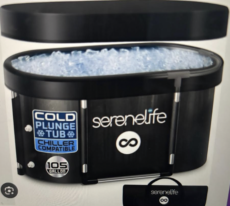 Serenelife 105-gallon hot tub with cover open, showing icy water, labeled as cold plunge tub and chiller compatible.