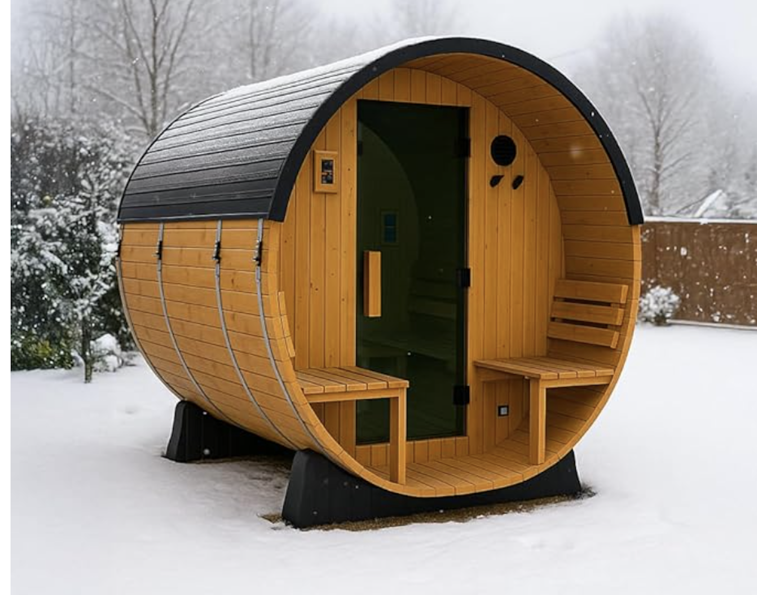A modern, curved wooden sauna with a black roof, set in a snowy outdoor environment with trees in the background.