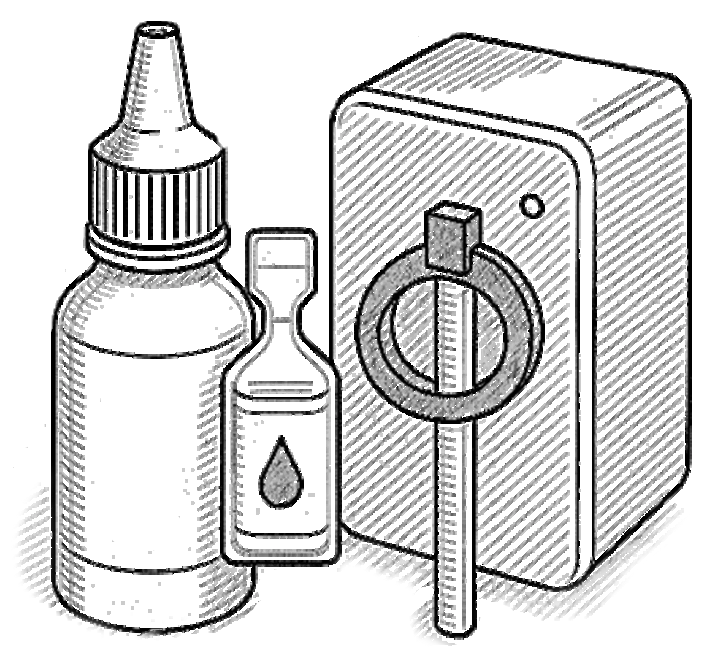 Sketch of a small single-unit eyedrop container with a droplet symbol, a larger eyedrop bottle, and a MuMist device.
