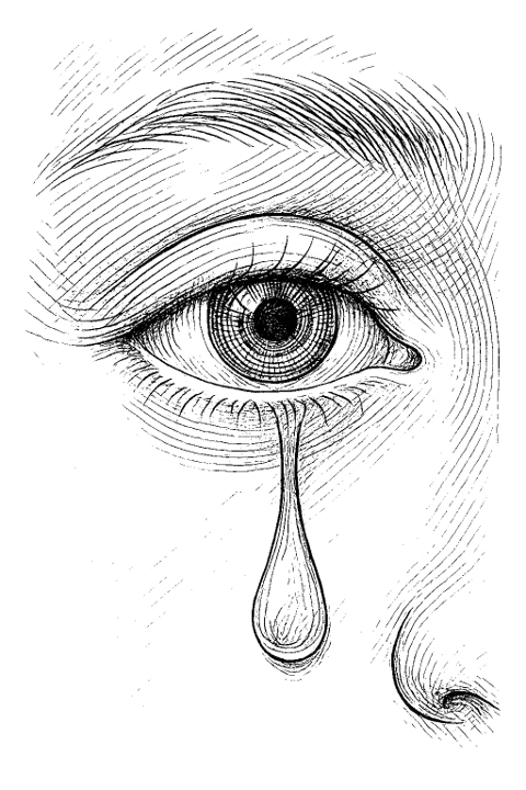 Illustration of a human eye with a tear falling from it.