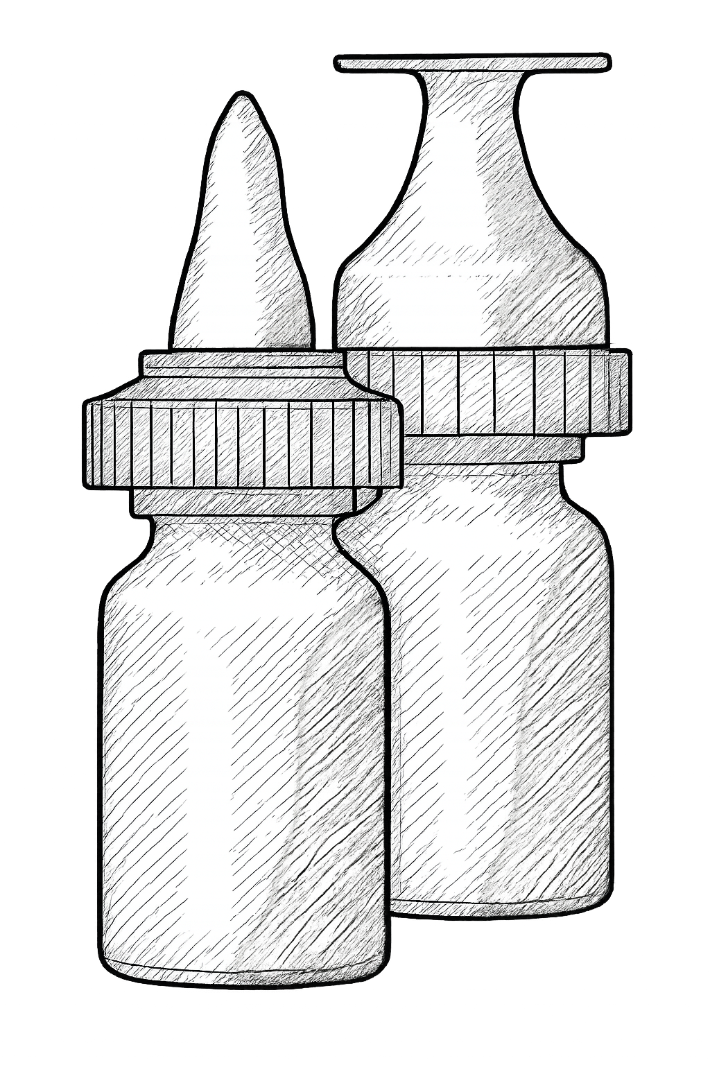 Black and white sketch of two small bottles with Nanodropper Adaptors on top, positioned side by side.