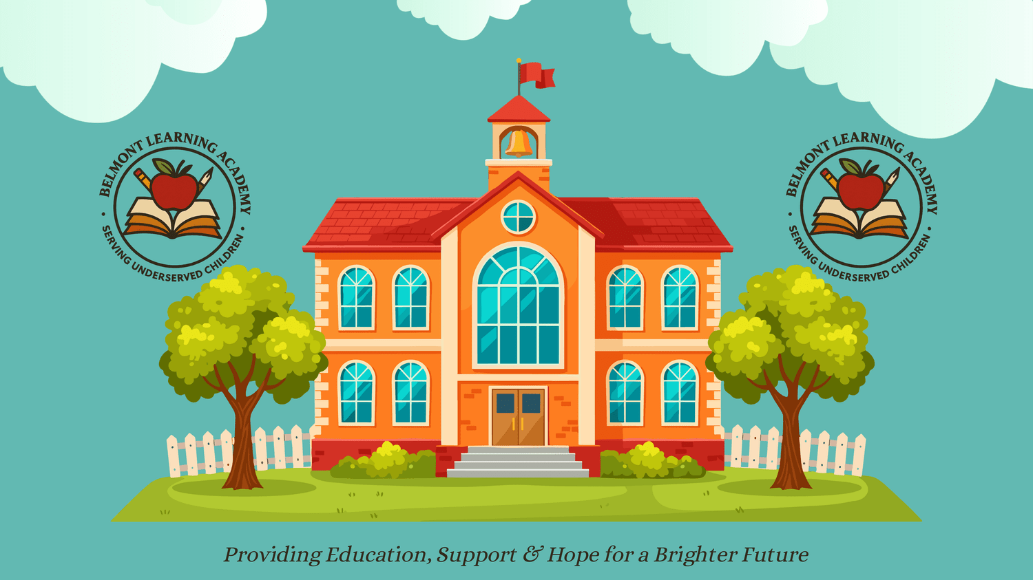 Illustration of a red and orange schoolhouse with a bell tower, trees, and a white fence
