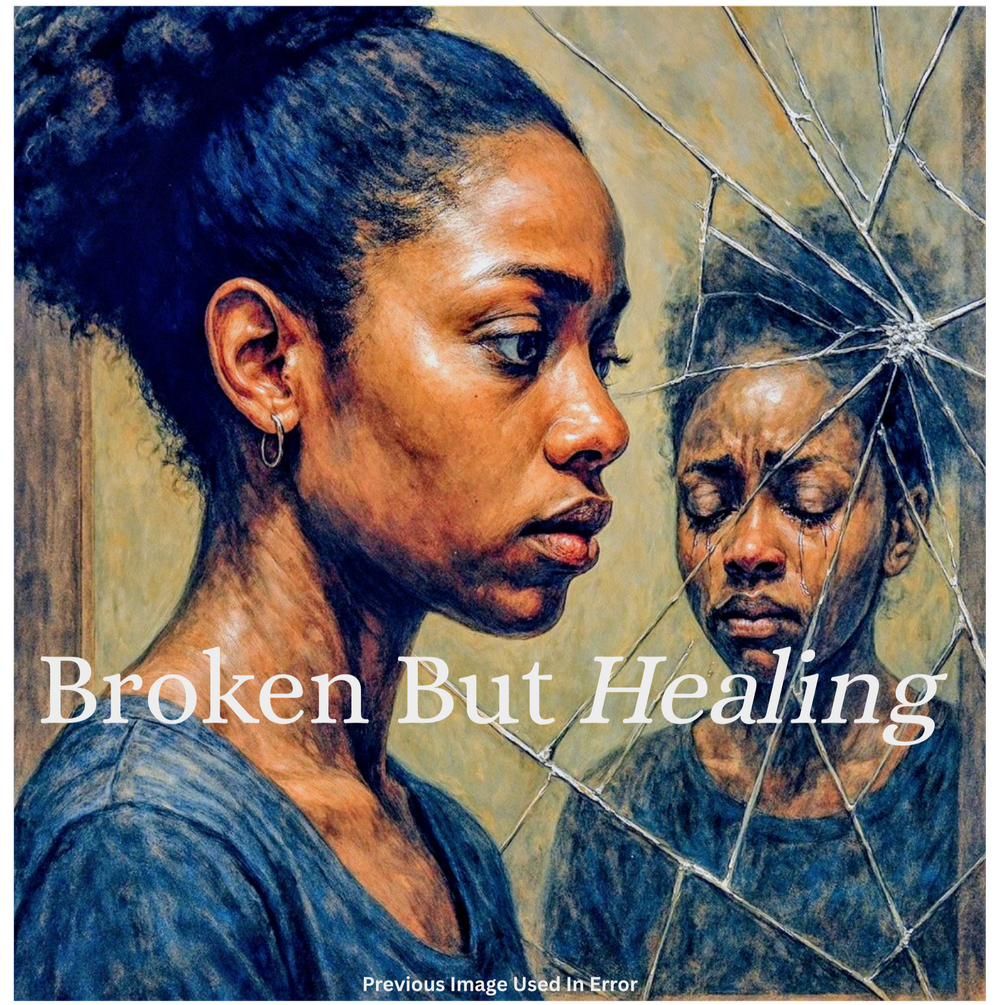 Painting of a woman looking past her reflection in a cracked mirror, with the title Broken But Healing