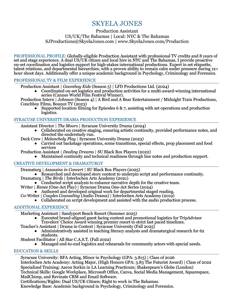 Download Skyela Jones NYC and Bahamas Production Assistant Resume 2026