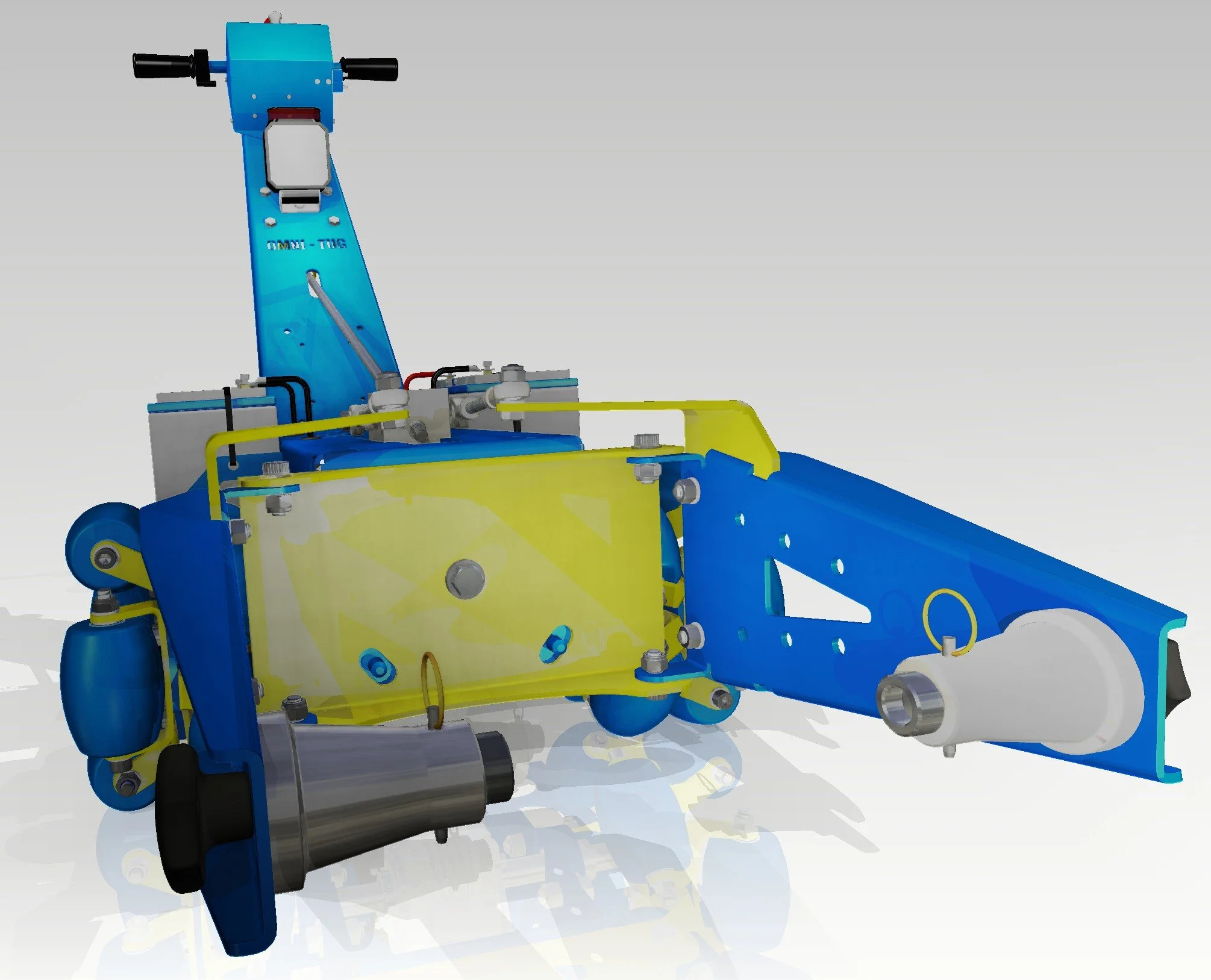 A close-up view of a blue and yellow industrial machine component with various mechanical parts, pipes, and rollers, against a plain gray background.