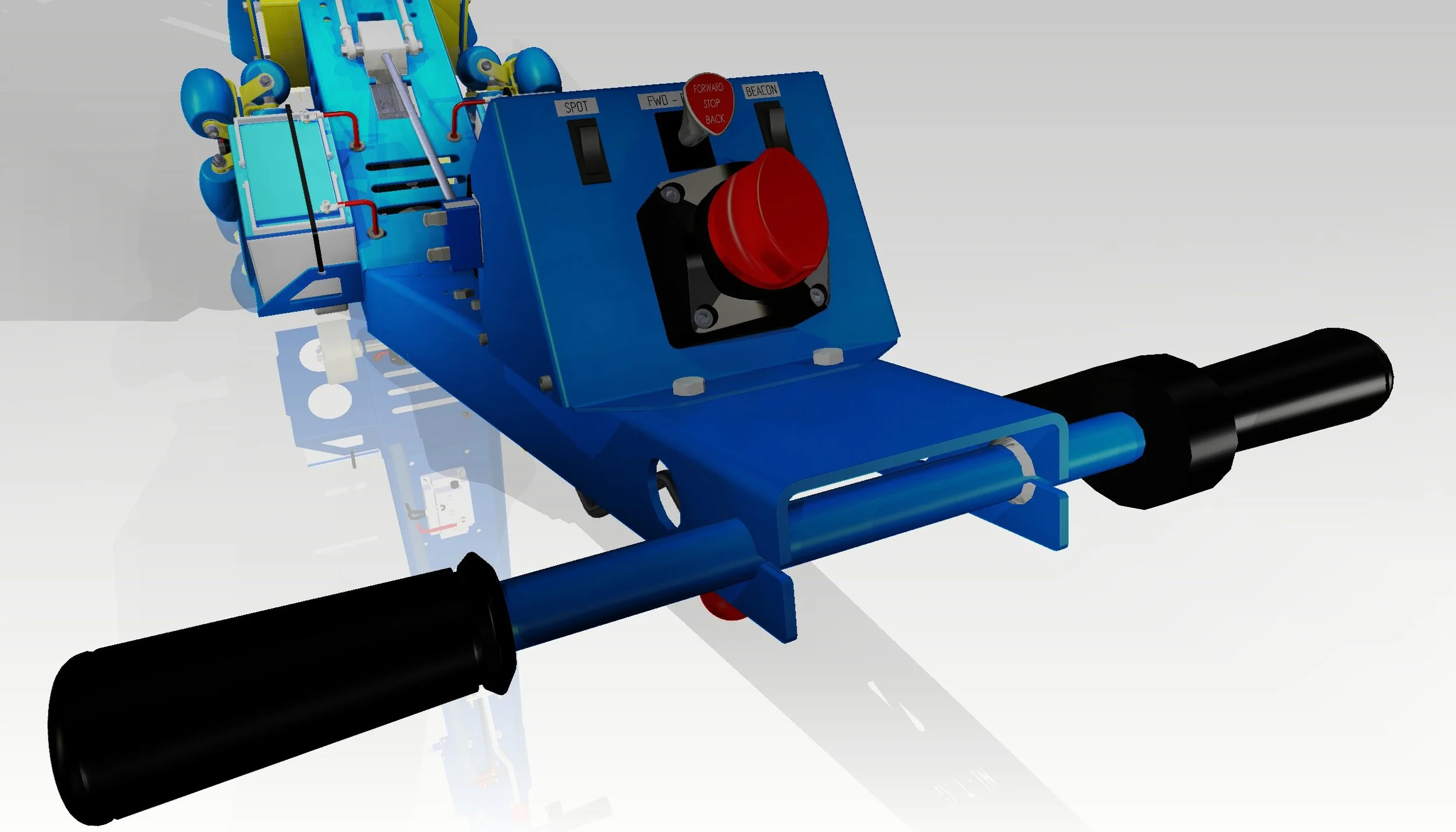 A digital rendering of a mechanical device with blue and black components, featuring switches and pipes, possibly part of a robotic or industrial system.