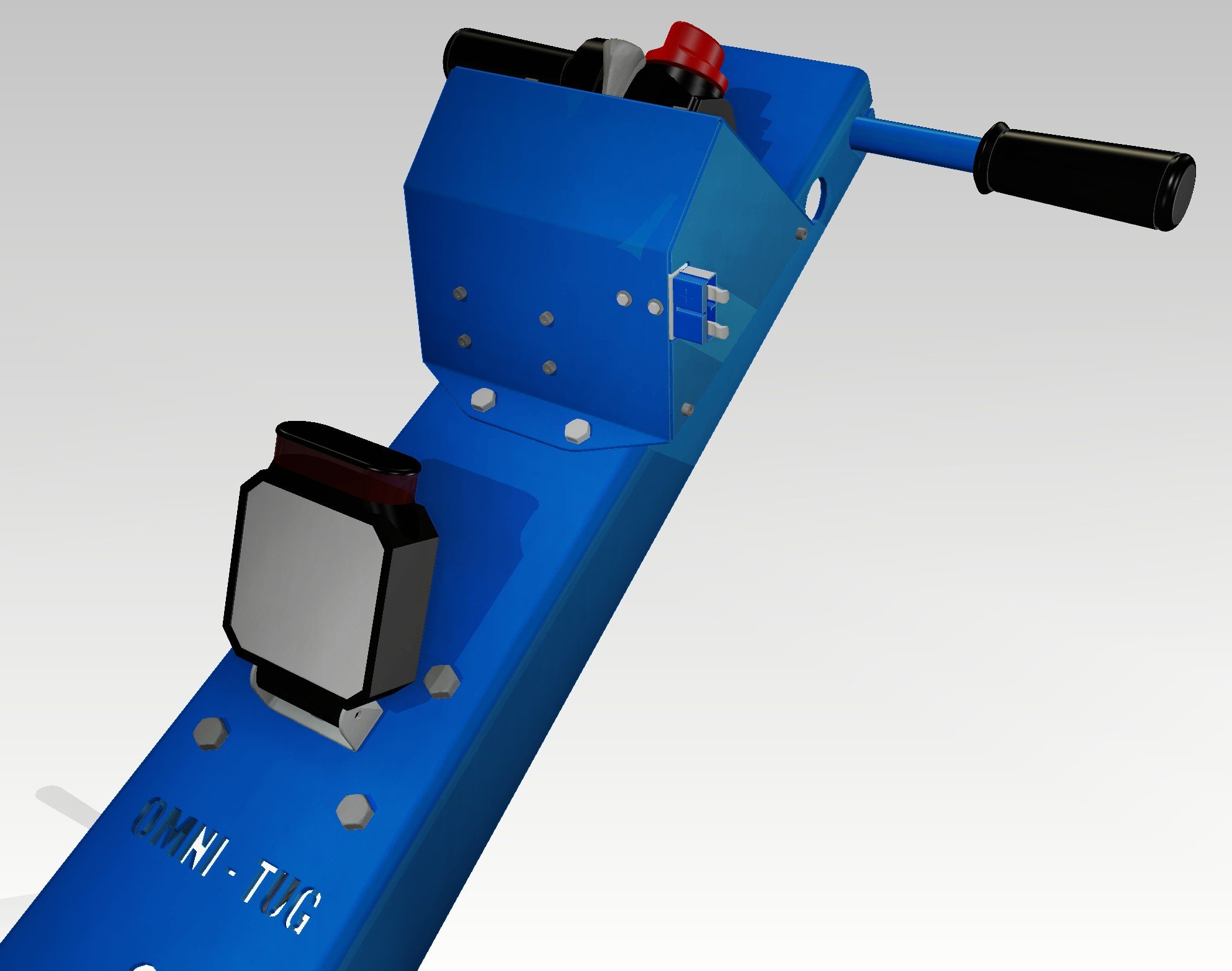 A blue mechanical device with black and red components, mounted on a blue base with bolts, and featuring a black electrical connector or sensor attached to it.