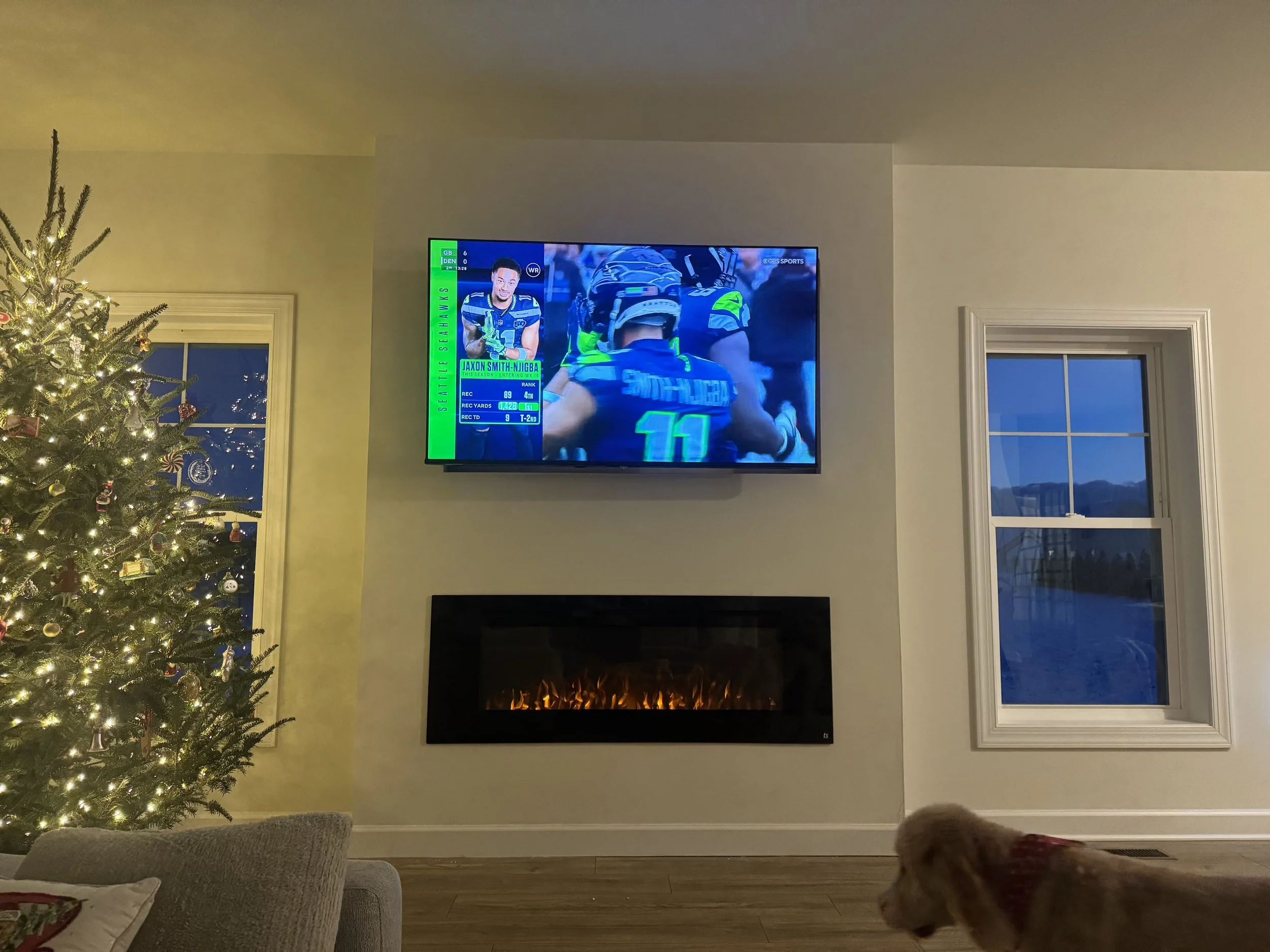 Living room with a lit Christmas tree on the left, a wall-mounted TV showing a football game at center, and a window on the right with a mountain view outside. There is a fireplace below the TV and a dog at the bottom right corner wearing a red sweat
