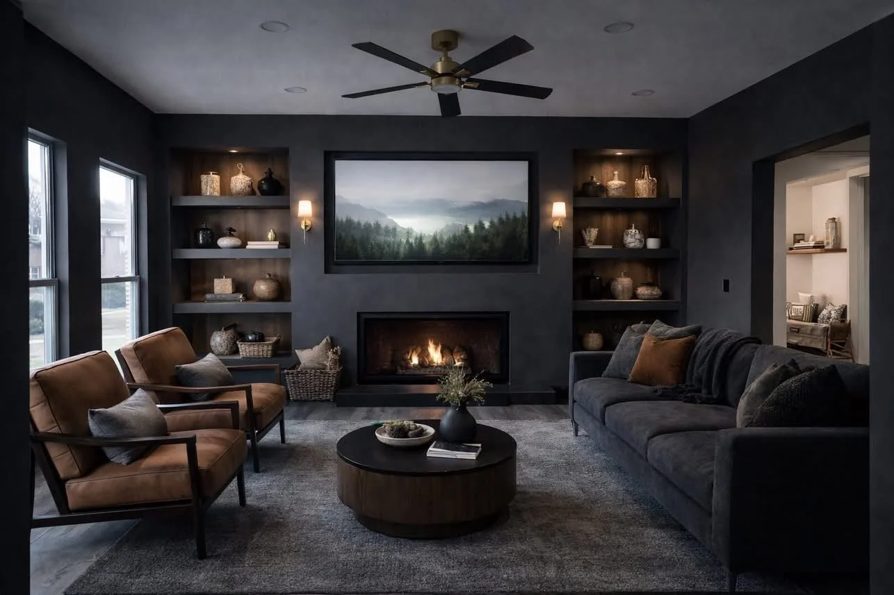 Modern living room with dark walls, built-in shelves with decorative items, a fireplace, a large sofa, two armchairs, a coffee table with a vase, and a ceiling fan.