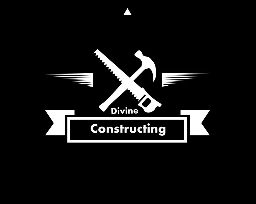Black background with white construction tools including a saw, hammer, and drill, with the words "Divine" and "Constructing" and decorative arrows.