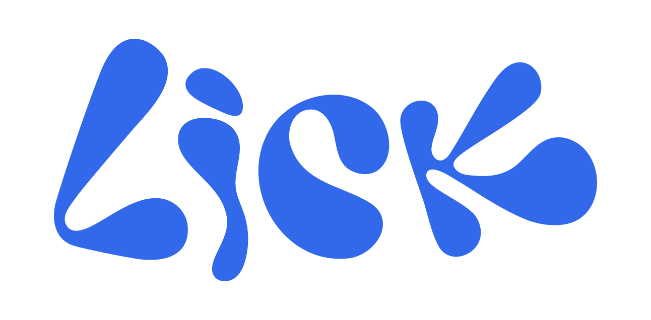 Blue stylized text spelling 'lik' with flowing, abstract shapes.