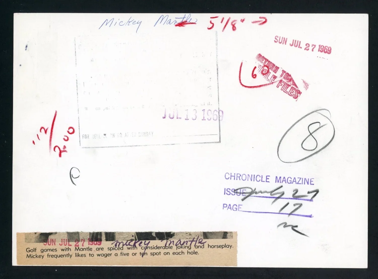 Reverse of the Mickey Mantle press print.