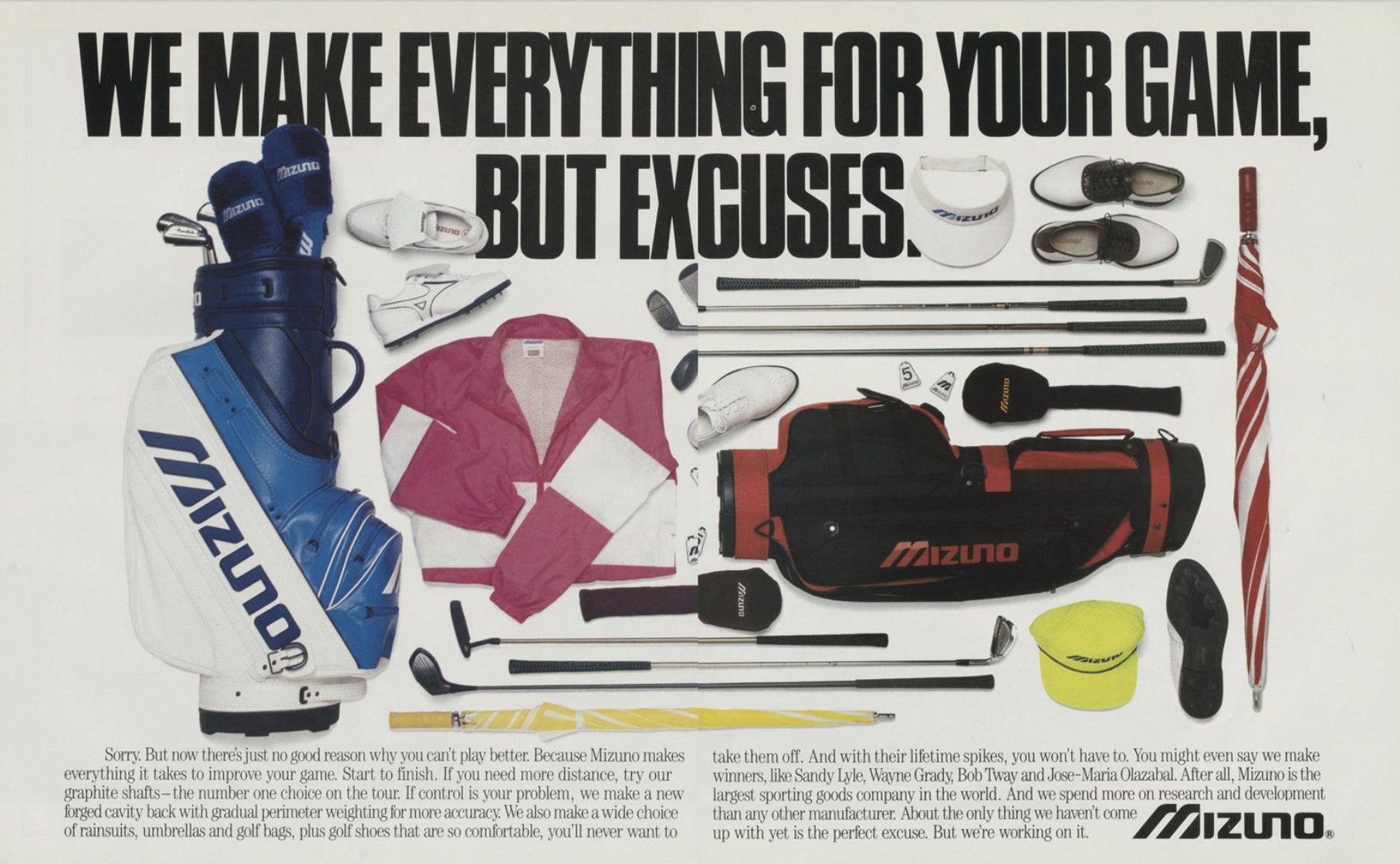 Display of golf equipment and apparel including a Mizuno golf bag, golf clubs, golf shoes, a pink and white jacket, a yellow hat, and various accessories, along with a large black and red Mizuno golf bag. The text reads, 'We make everything for your game, but excuses.'