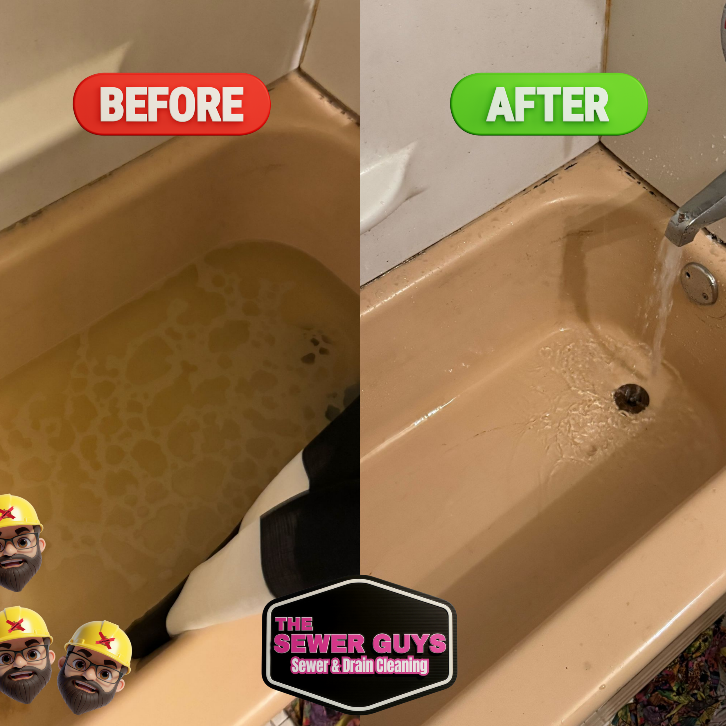 Comparison of a bathroom sink before and after sewer and drain cleaning, showing reduced grime and clearer water after cleaning.