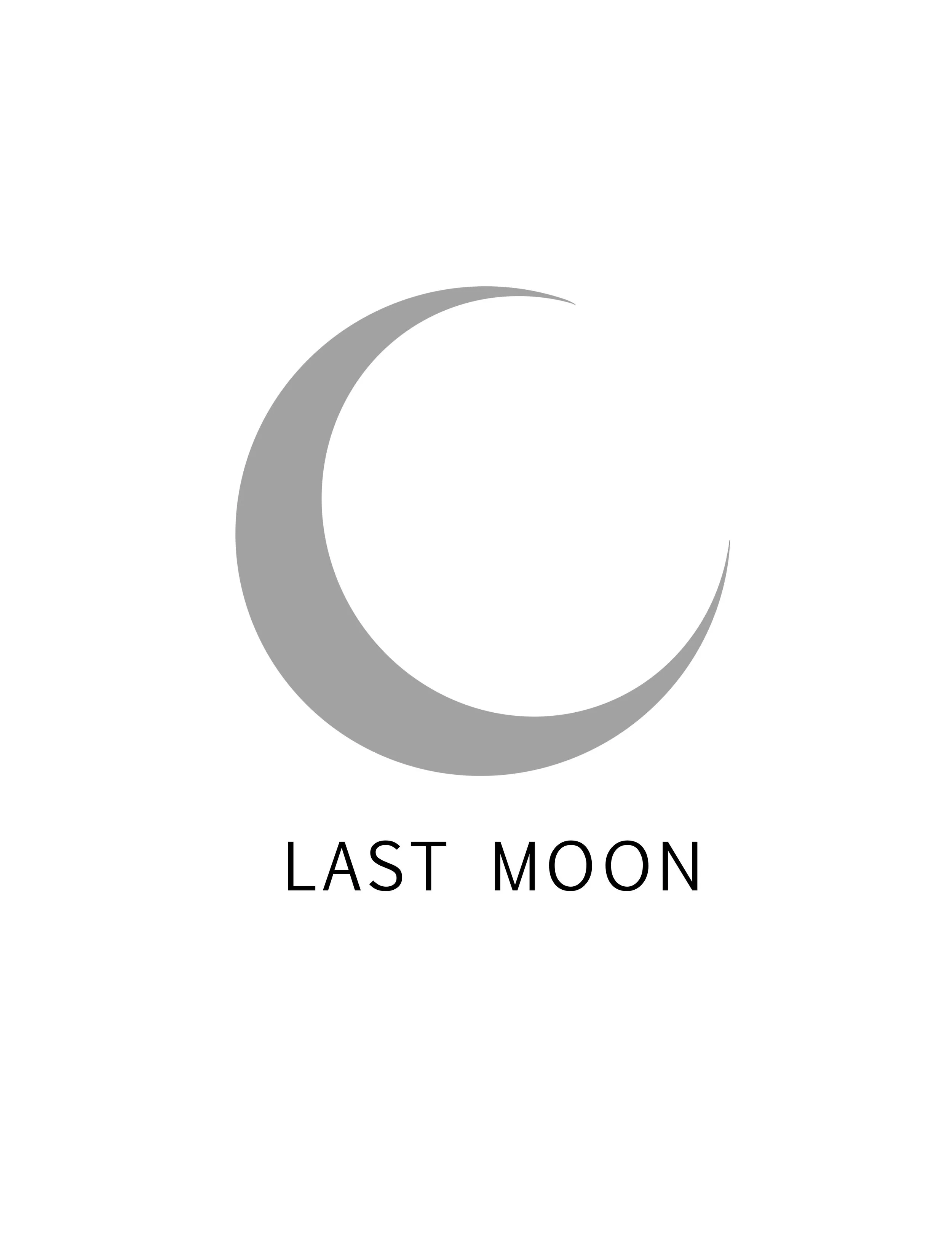 A white background with a large gray crescent moon in the upper middle part of the image. Below the moon, the text 'LAST MOON' is written in black capital letters.