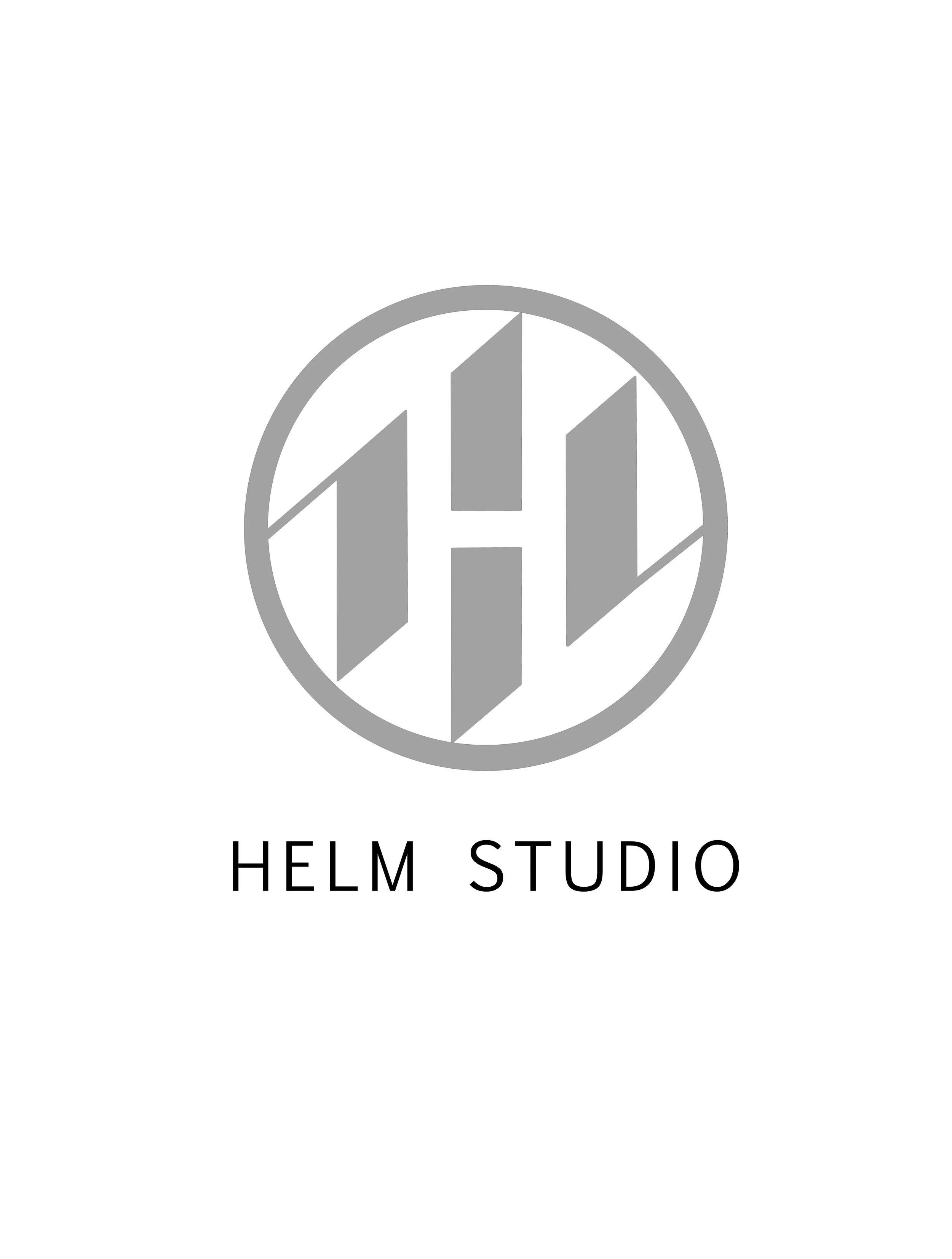 Logo for Helm Studio featuring a circular geometric design with vertical bars and a star shape, accompanied by the text "HELM STUDIO" in capital letters below.