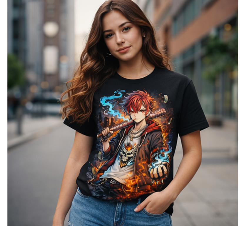 Young woman standing on city sidewalk wearing a black T-shirt with an animated character holding a baseball bat, surrounded by fiery and smoky effects.