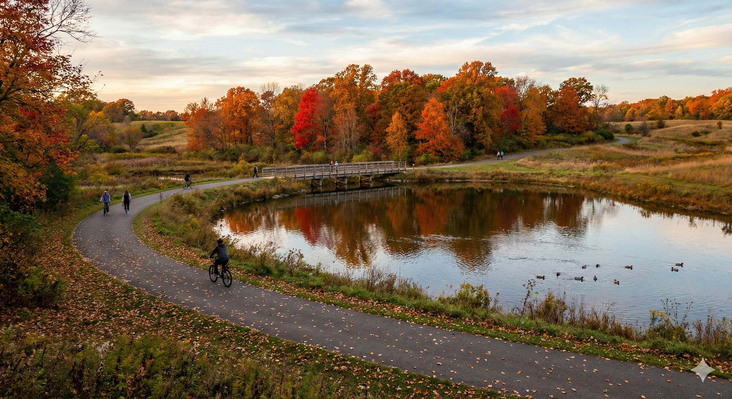 Scenic park with a winding paved path next to a pond, surrounded by autumn trees with vibrant orange, red, and yellow leaves, some fallen leaves on the path, a small wooden bridge over the pond, and several people biking and walking.
