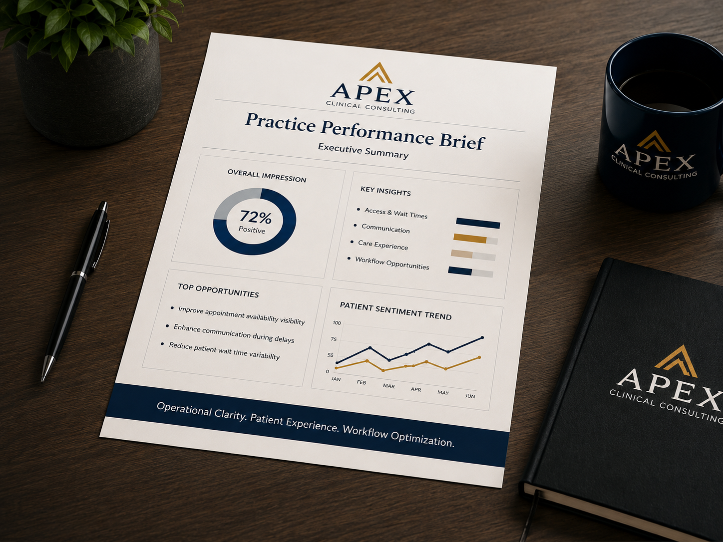 Apex Clinical Consulting Practice Performance Brief displayed on an executive desk.