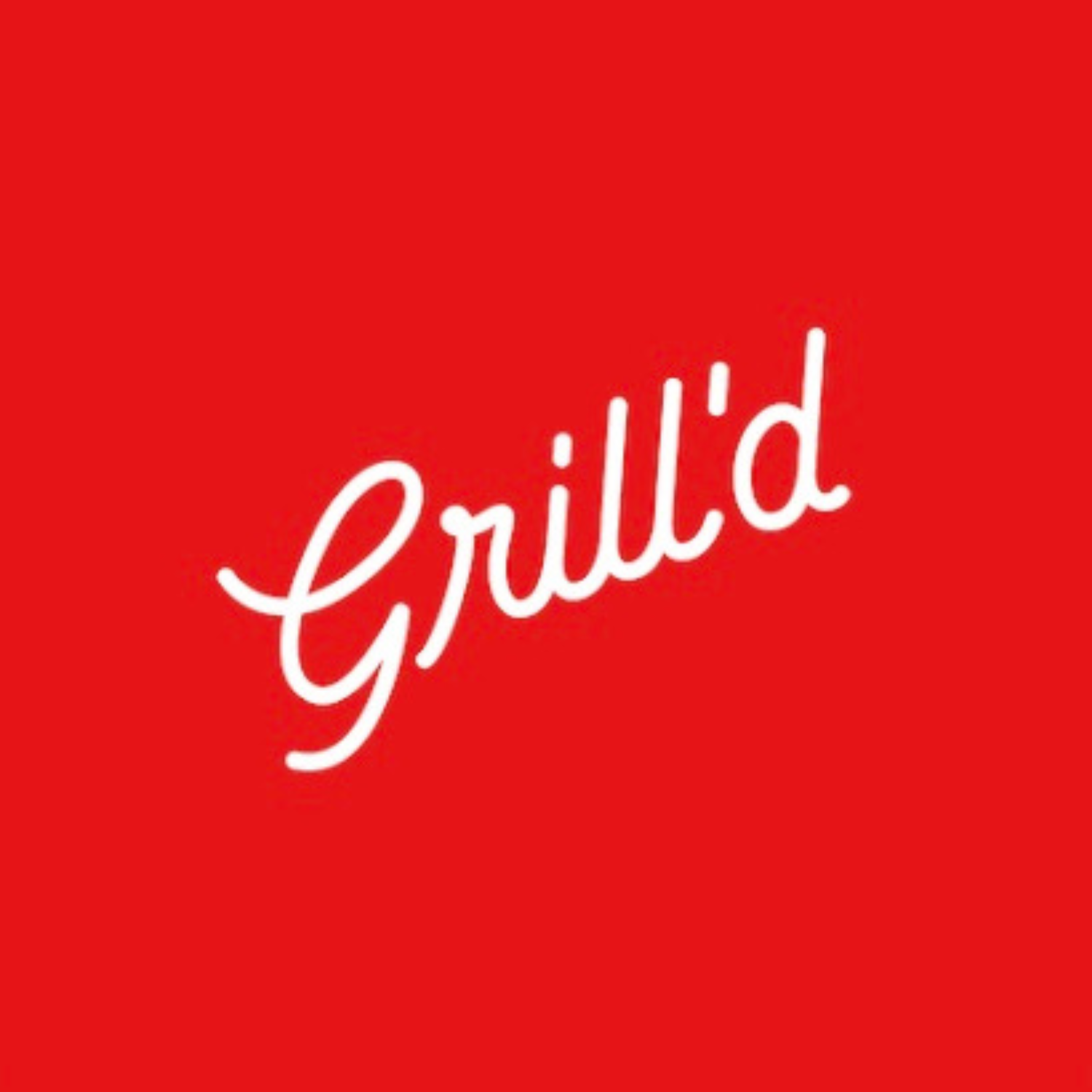 Red background with white cursive text that says "Grill'd".